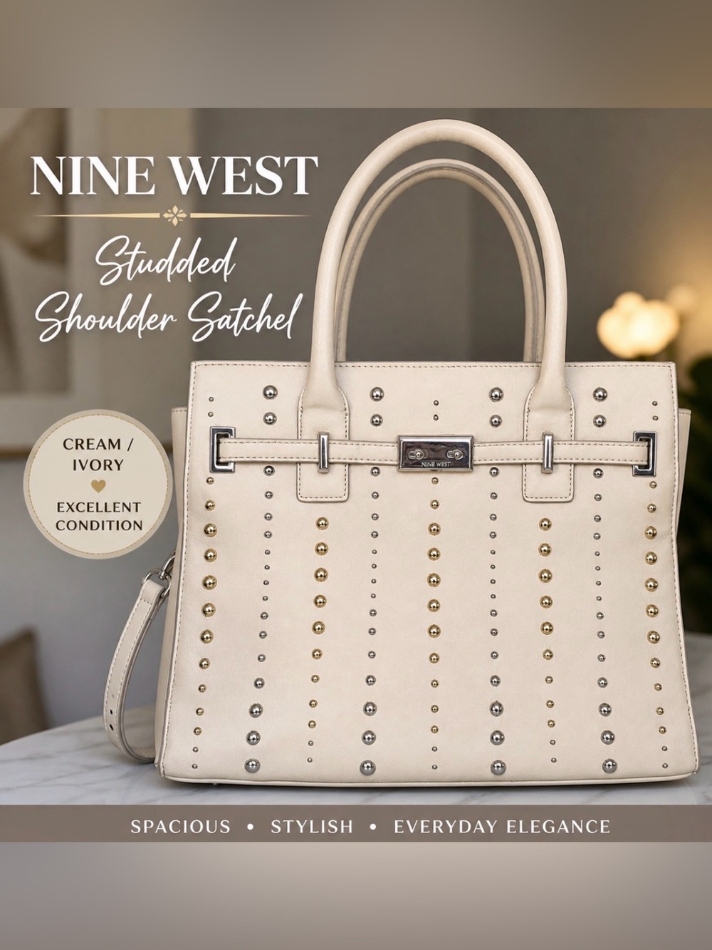 Nine West Studded Cream Satchel Shoulder Bag Faux Leather Gold Silver Studs